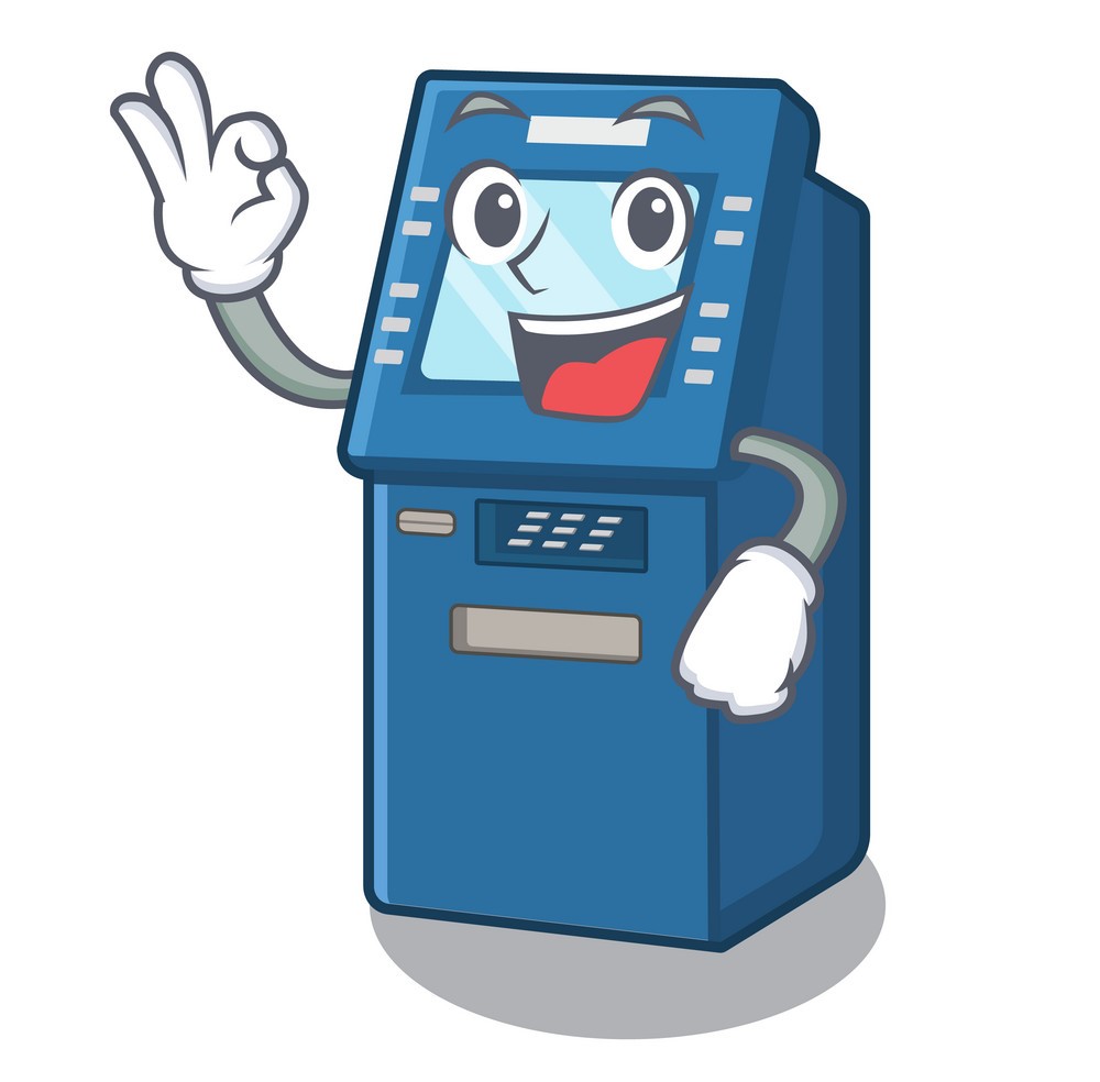 Okay ATM machine in the cartoon shape vector illustration